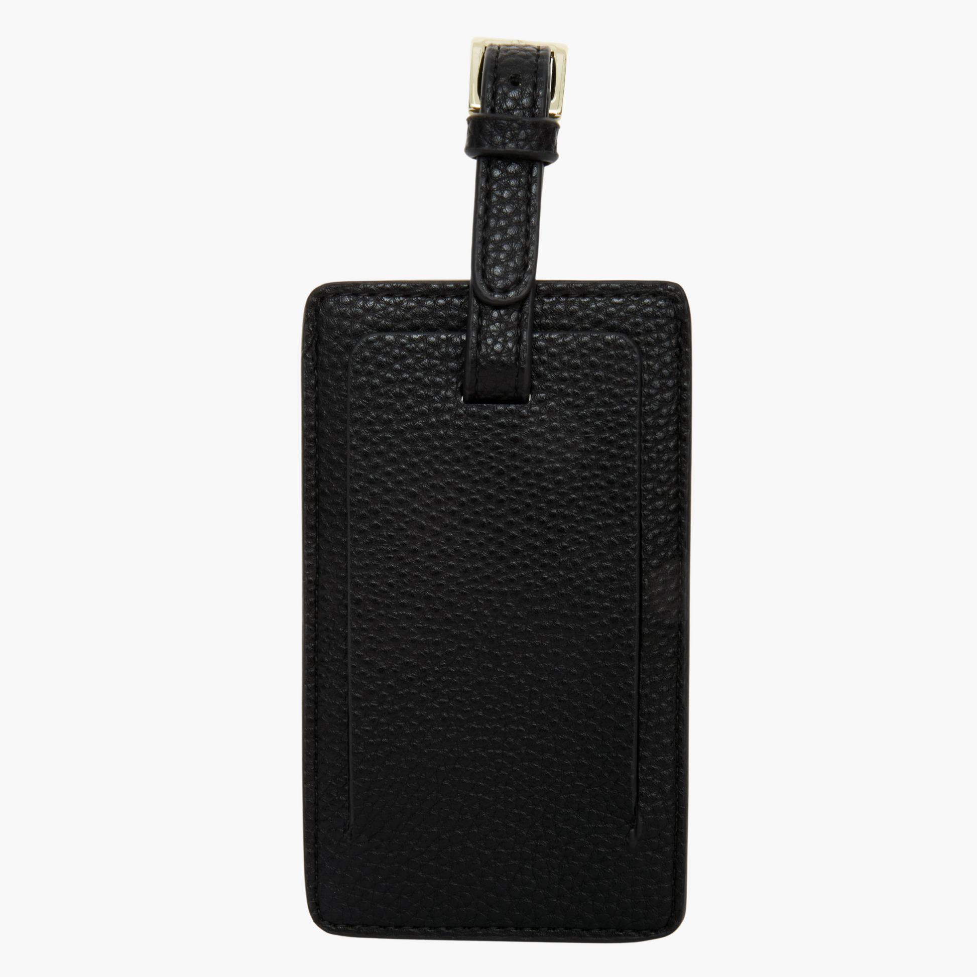 Achterkant van een chique bagage label met een goude bevestiging voor aan de koffer.