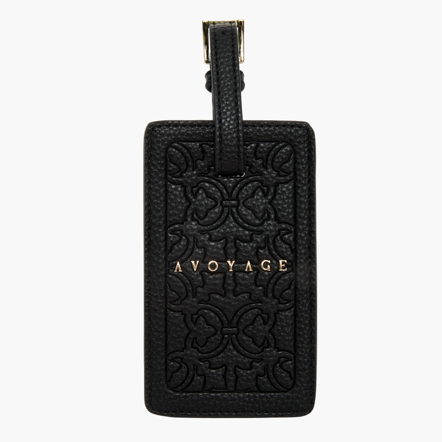 Luxe designer bagagelabel gemaakt van zwart vegan leer en met gouden details.