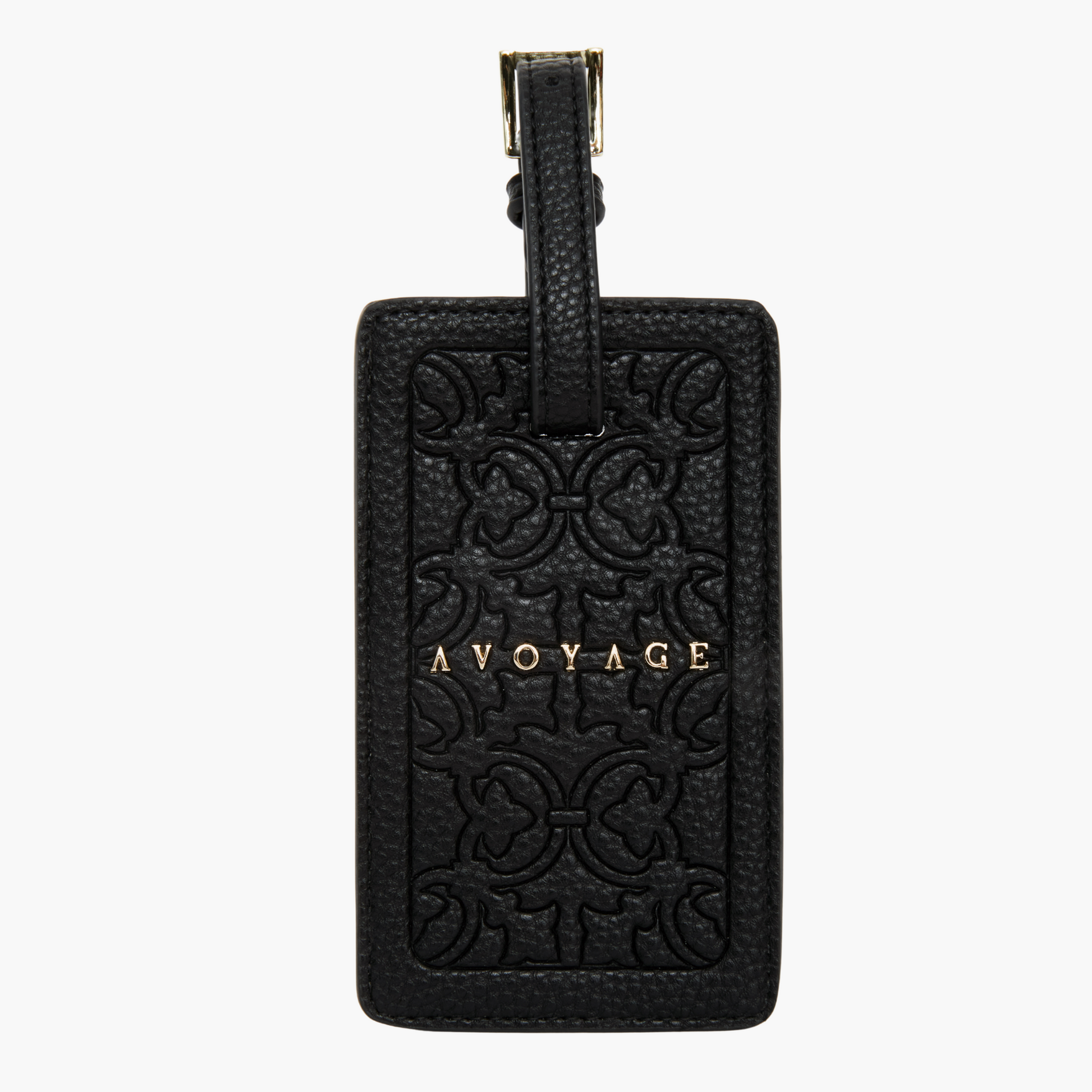Luxe designer bagagelabel gemaakt van zwart vegan leer en met gouden details.